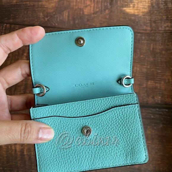 NWT Coach Half Flap Leather Card Case with Chain Strap in Faded Blue Color - Picture 2 of 6